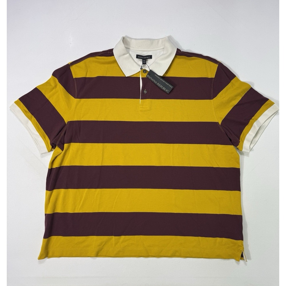 Banana Republic Mens 2XL Maroon Gold Rugby Striped Organic Cotton Pique Polo NWT
